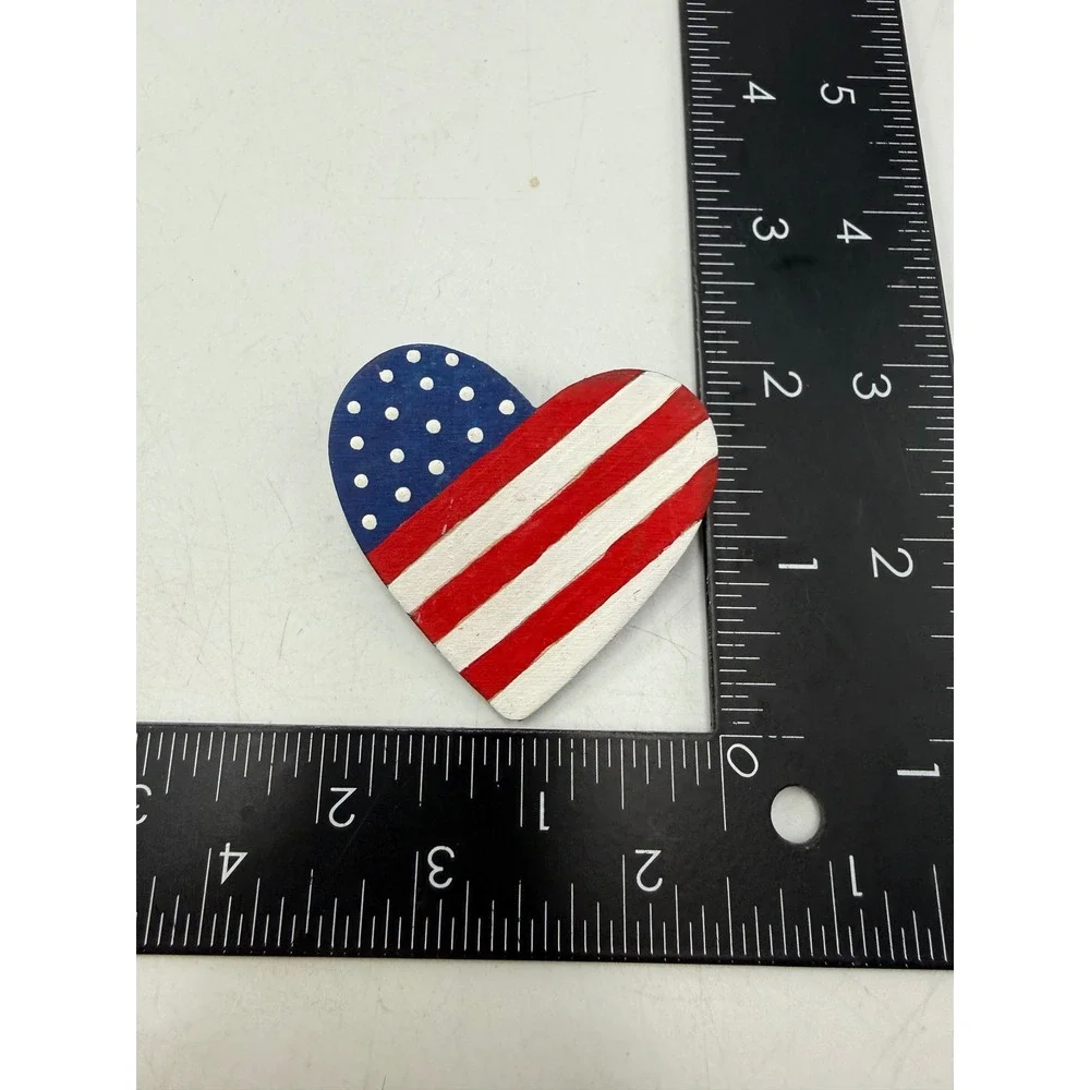 Vintage Hand Painted Wooden Heart American Flag Brooch Patriotic Pin Folk Art